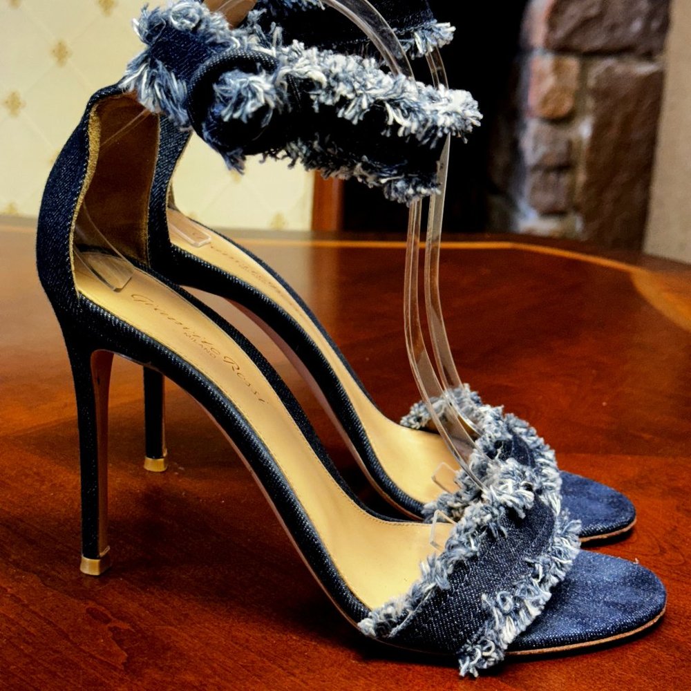 Gianvito Rossi Dark Blue Denim Fringe Ankle-Strap Sandals